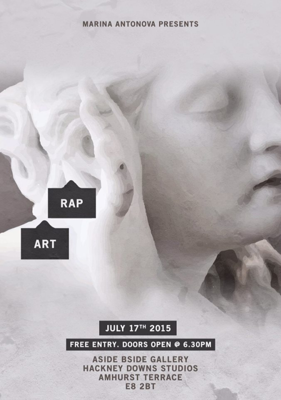 Image of stone statue posing to promote upcoming Rap Art show at A-Side B-Side Gallery, Hackney Downs Studios