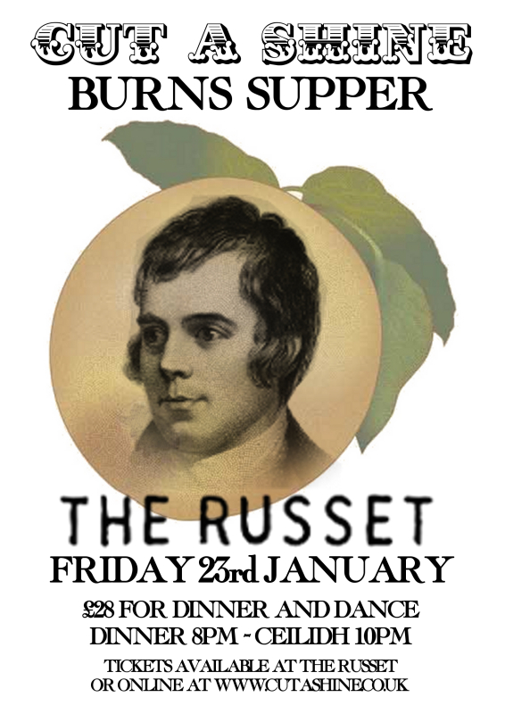 A large apple with a man's face imprinted over it, with the Russet typed underneath and Friday 22nd January