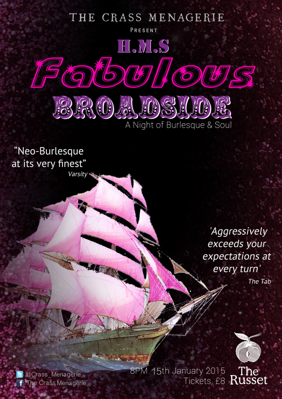 A black poster with a ship that has pink and white sails, with Fabulous Broadside written in pink and purple