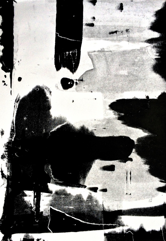 An abstract black and white print from Brevity Collective for First Thursdays at A-side B-side gallery