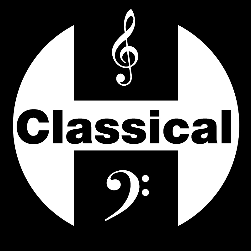 A white treble clef, bass clef and the word classical set against a black background