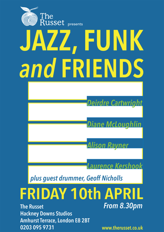 Blue poster with white rectangles, and the names of the performers playing who are Deirdre Cartwright, Alison Rayner, Diane McLoughlin, Laurence Kershook and Geoff Nicholls