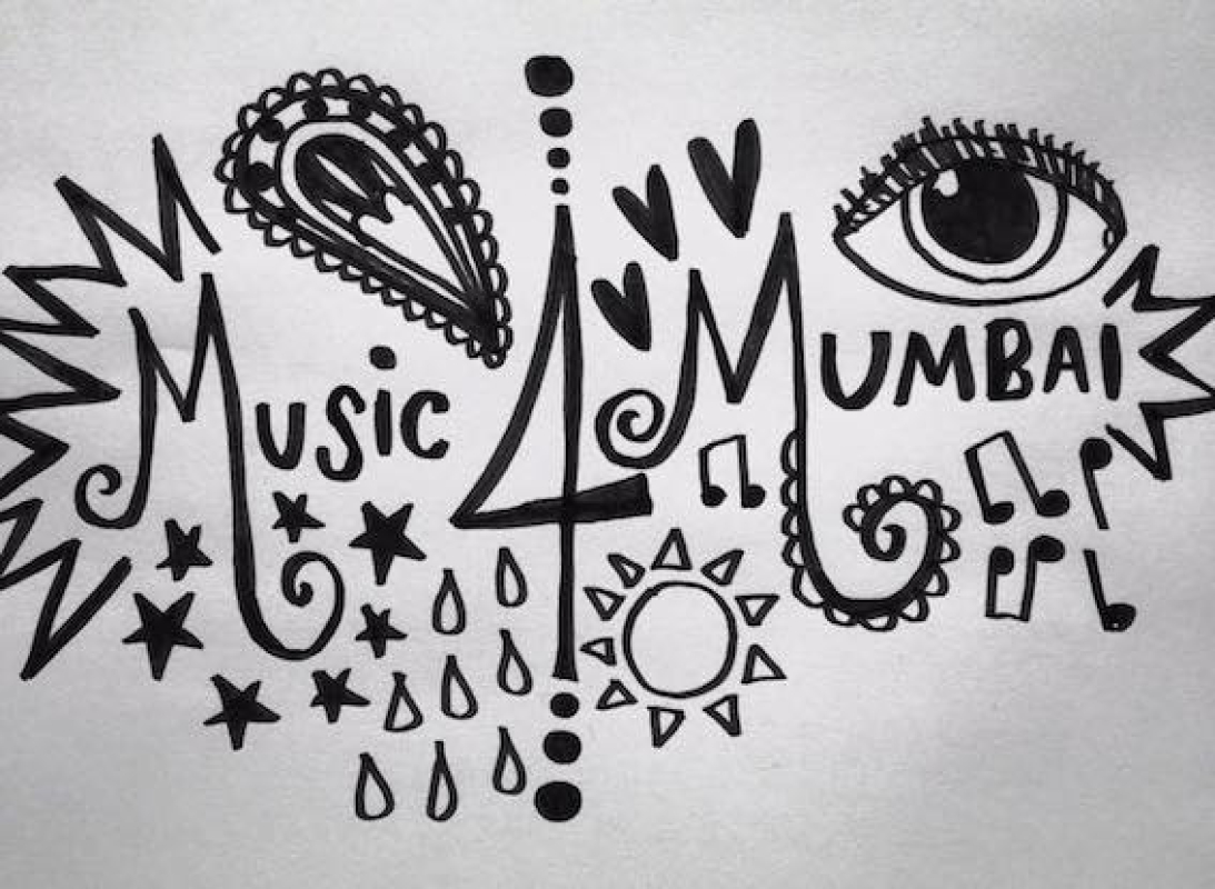 Music for Mumbai with illustrations of an eye, a feather, a sun, raindrops and stars