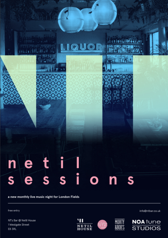 A poster advertising a monthly music event in Netil House Thursday 22nd September, the night is hosted by Netil House, NT'S bar and Morty and Bob's, in collaboration with NoaTune Studios