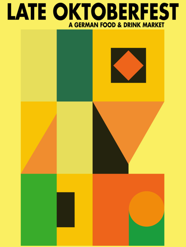 A yellow Bauhaus style poster for Hackney Downs Market Oktoberfest