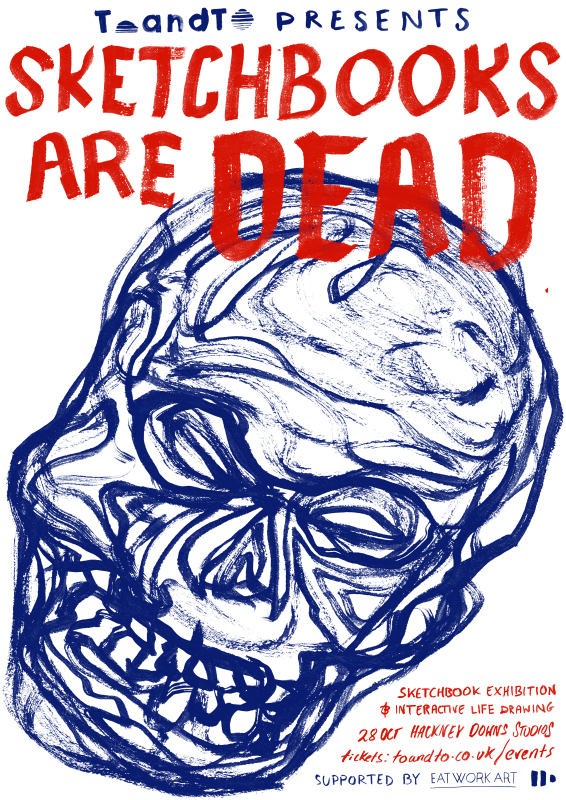 Illustrated image of a sketched skull used to promote an upcoming event at The Russet, Hackney Downs Studios called Sketchbooks Are Dead