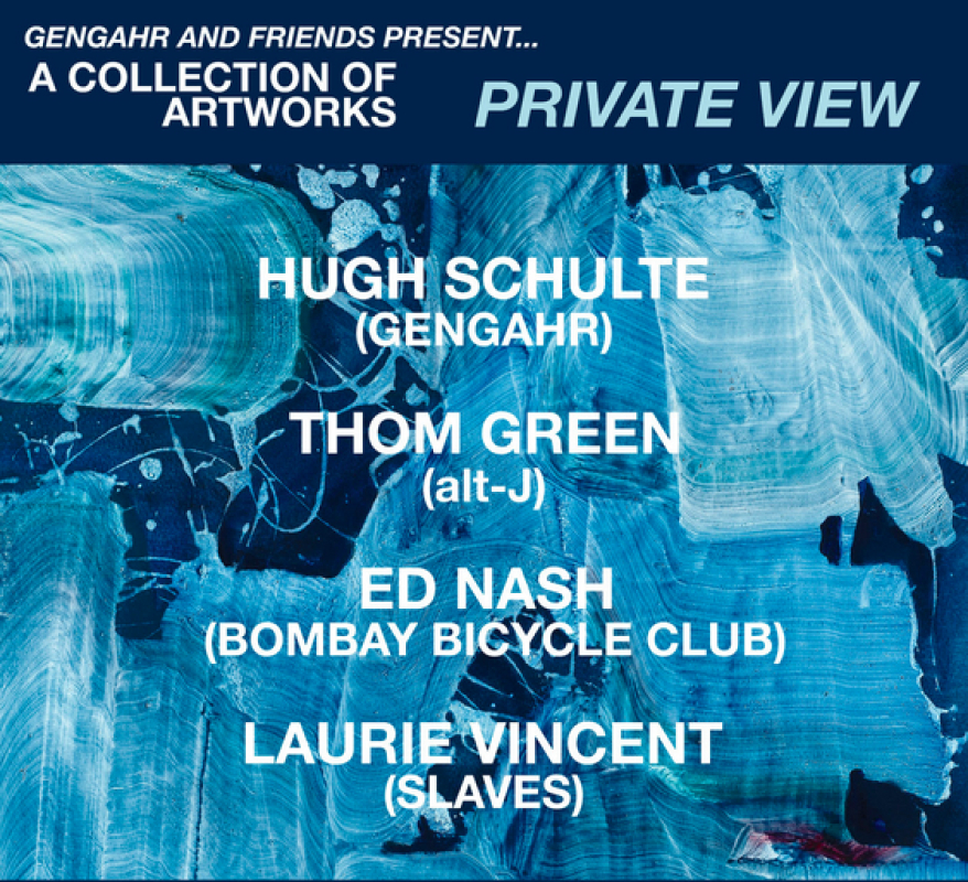 Blue poster with granite texture being used to promote GENGAHR & FRIENDS at A-side B-side, Hackney Downs Studios.