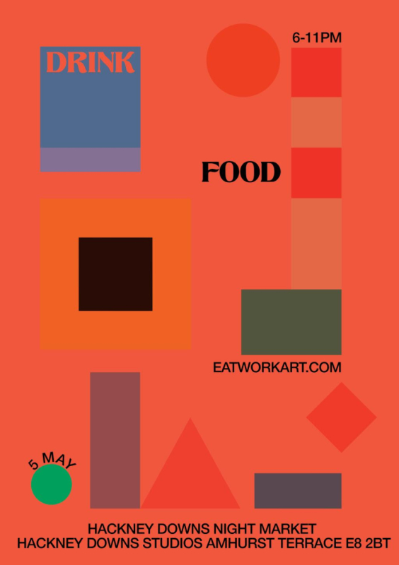 Poster with orange background, geometric shapes and text