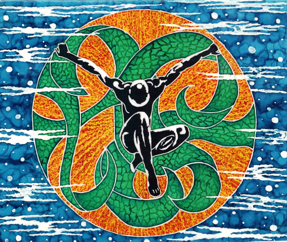 A painting of a black man set against a blue, green and orange background