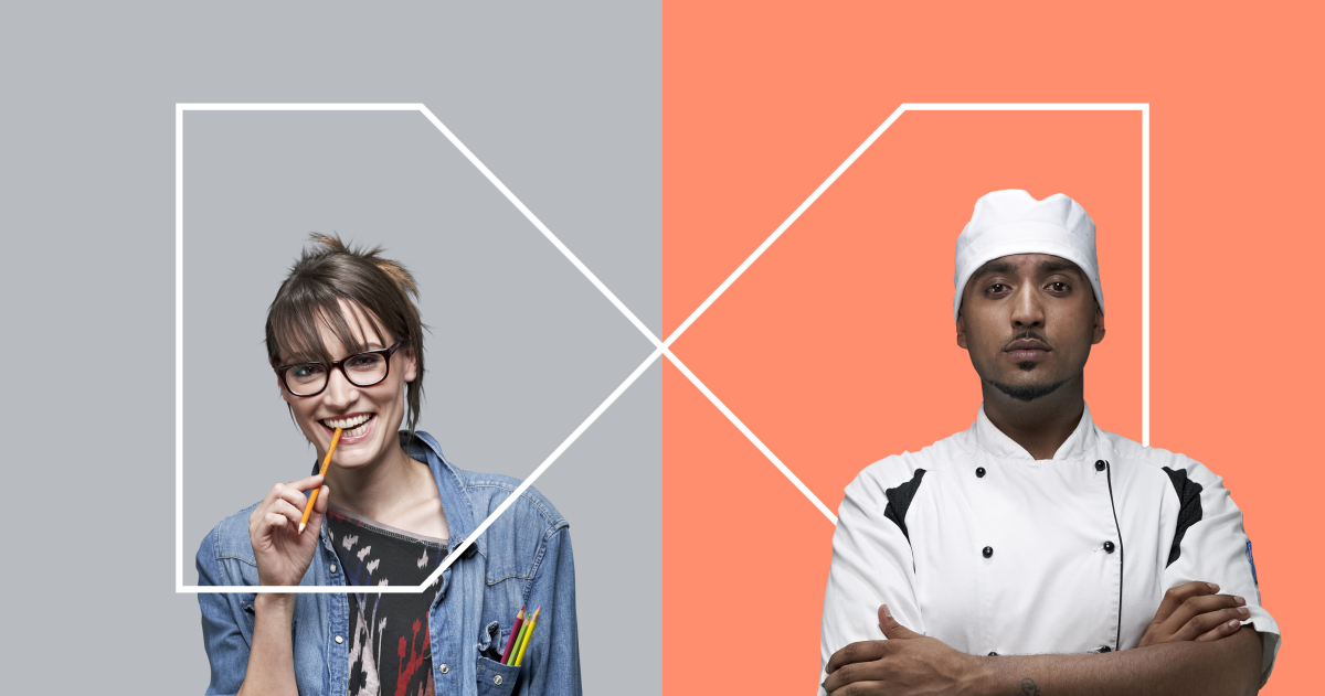 Echo Portrait of a woman chewing a pencil and a man in chef's hat