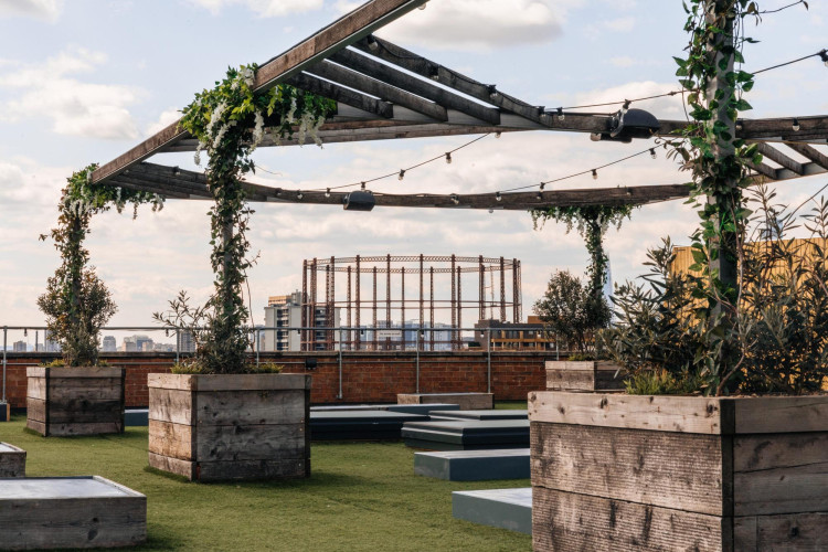 Scandinavian-style rooftop sauna at Netil House with panoramic views over Hackney and East London skyline
