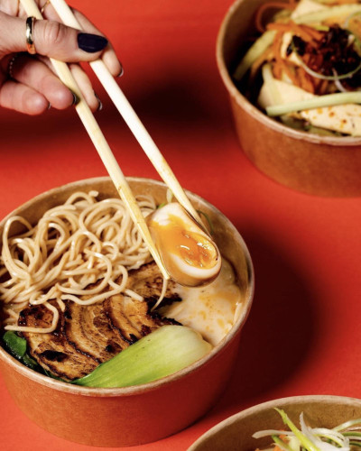 Rich noodle bowl with egg, grilled pork and bok choy from Sen Noods, Netil Market trader